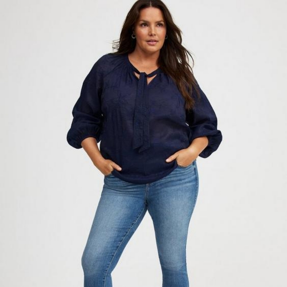 Torrid Chiffon Embroidered Tie Front Peasant Top Blouse